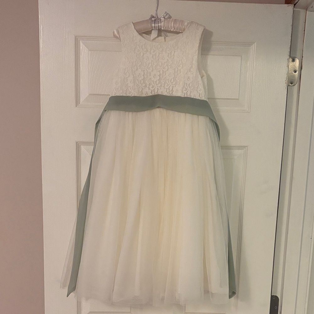David's Bridal Cream and Green Formal Kids Dress